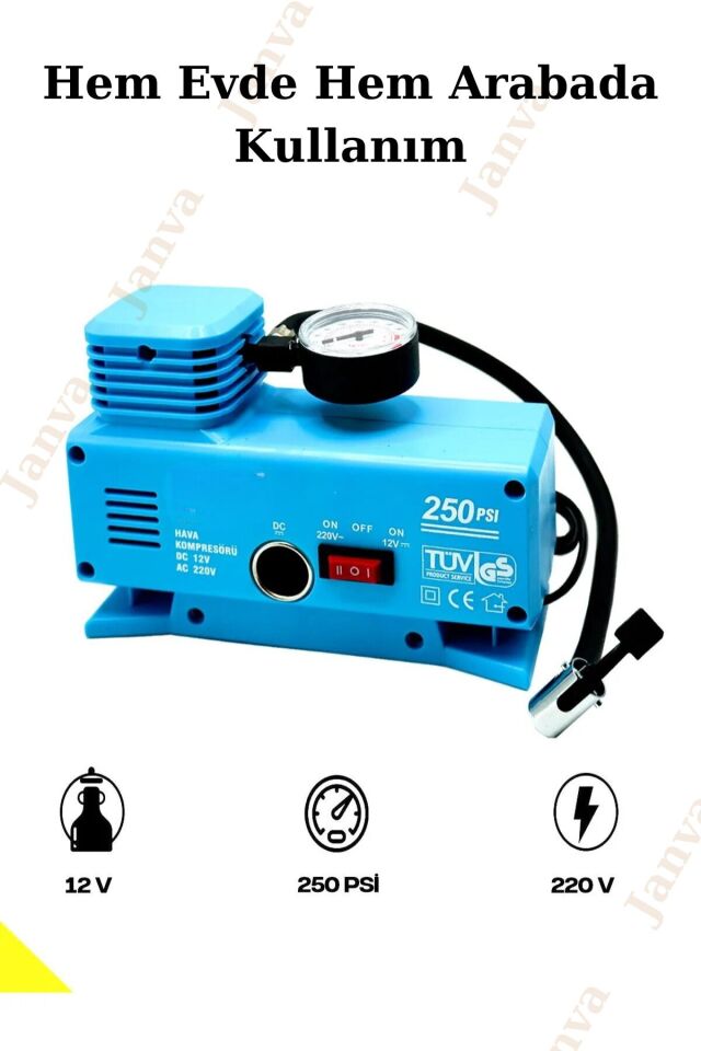 Araba Oto Araç Lastik Şişirme Pompası Hava Kompresörü 250psi DC 12-AC 220 Volt Kompresör Pompa Seti