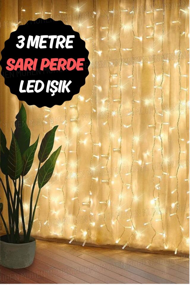 3x3 Metre Sarı Perde Led Işık – 12 Saçaklı Tasarım, 8 Fonksiyonlu Mod ve Dekoratif Şıklık