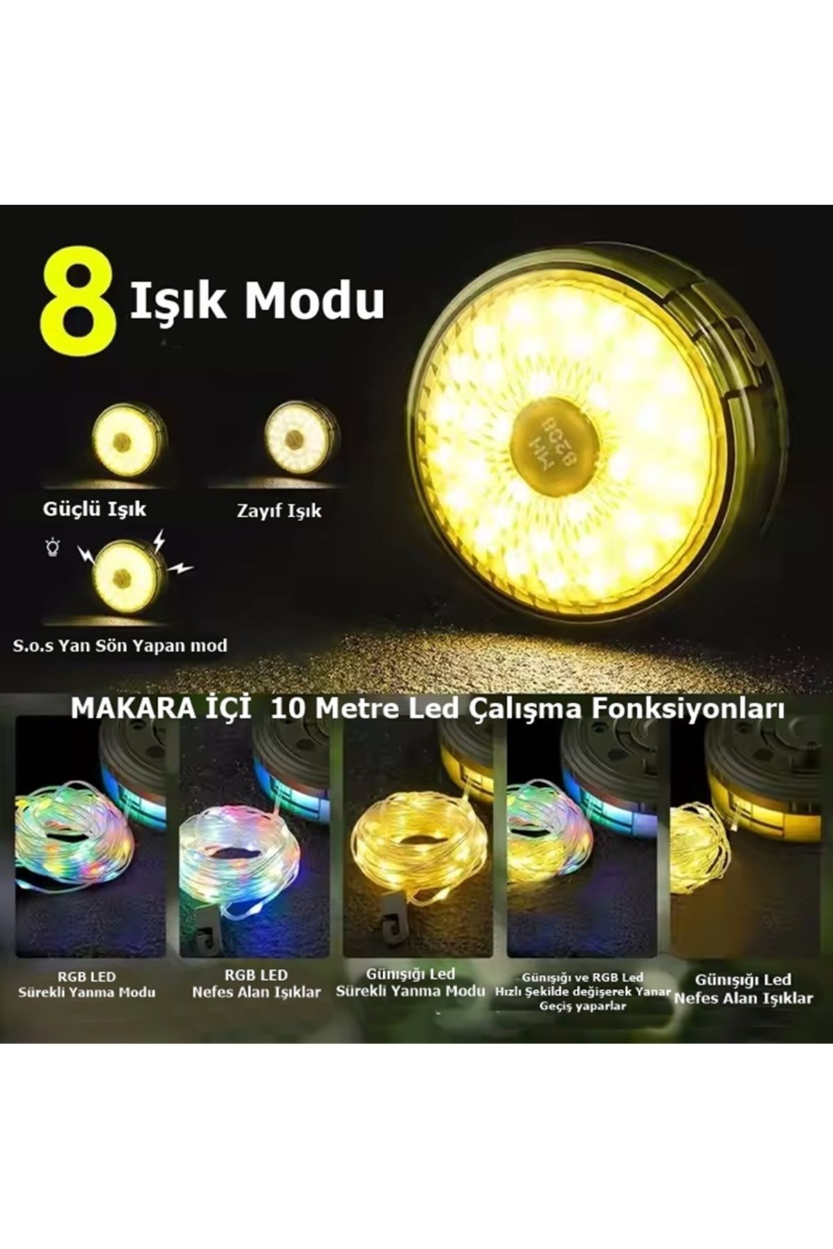Şarjlı Type-C  8 Mod RGB+ günışığı renk 10 Metre Makara Led - İp Led - Su Geçirmez Lamba - Powerbank