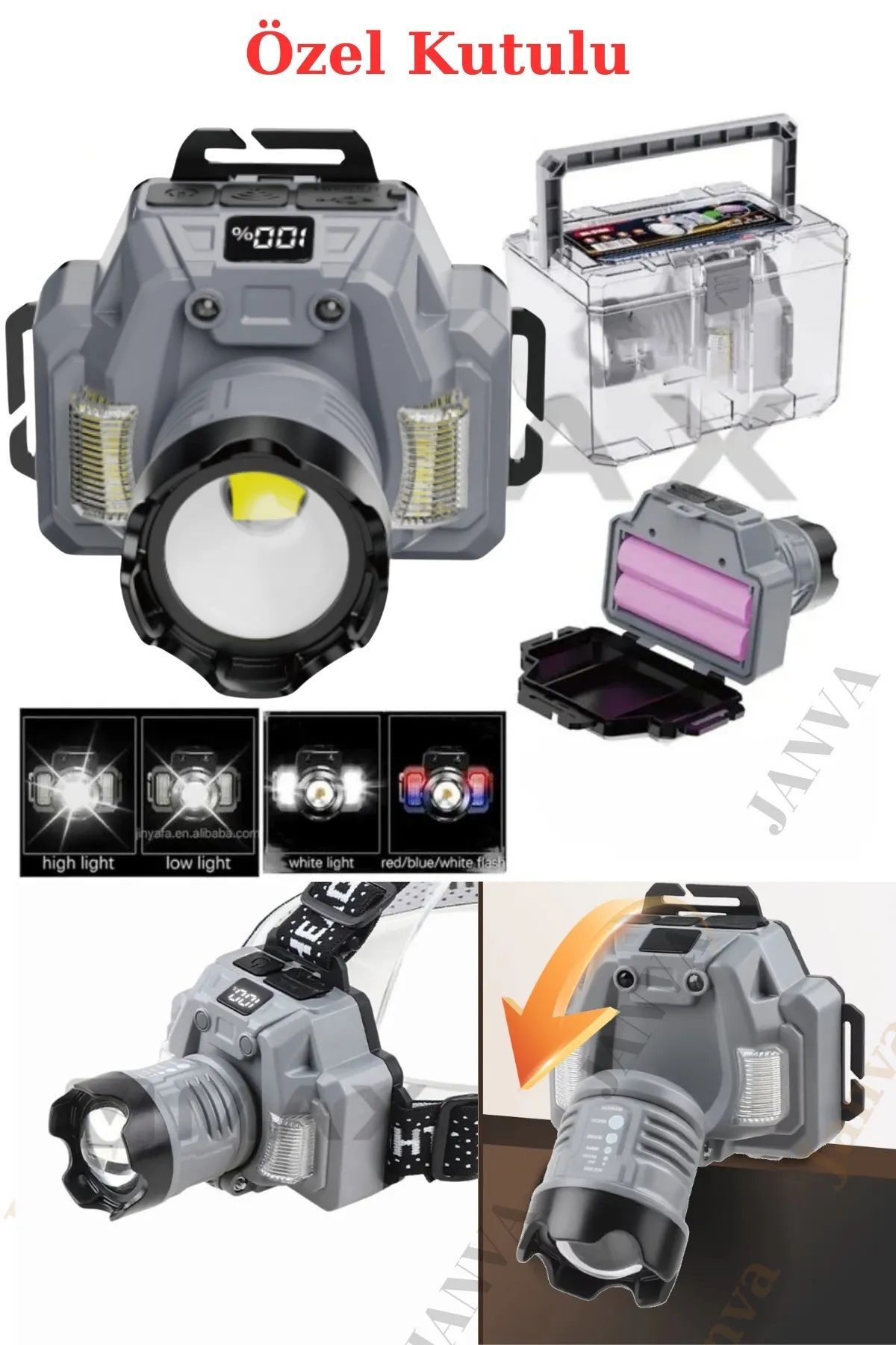 Ultrapro Kafa Lambası Zoomlu, Powerbanklı, Sensörlü, Oynar Başlıklı, Değiştirilebilir Pilli, Çakarlı