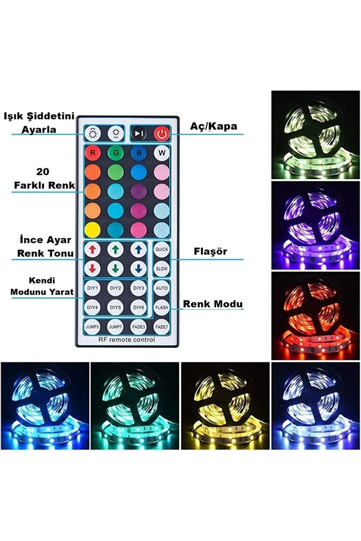 Şerit Led Rgb 44 Tuşlu Kumandalı 20 Renk (3)çip 5050 Smd Iç Mekan