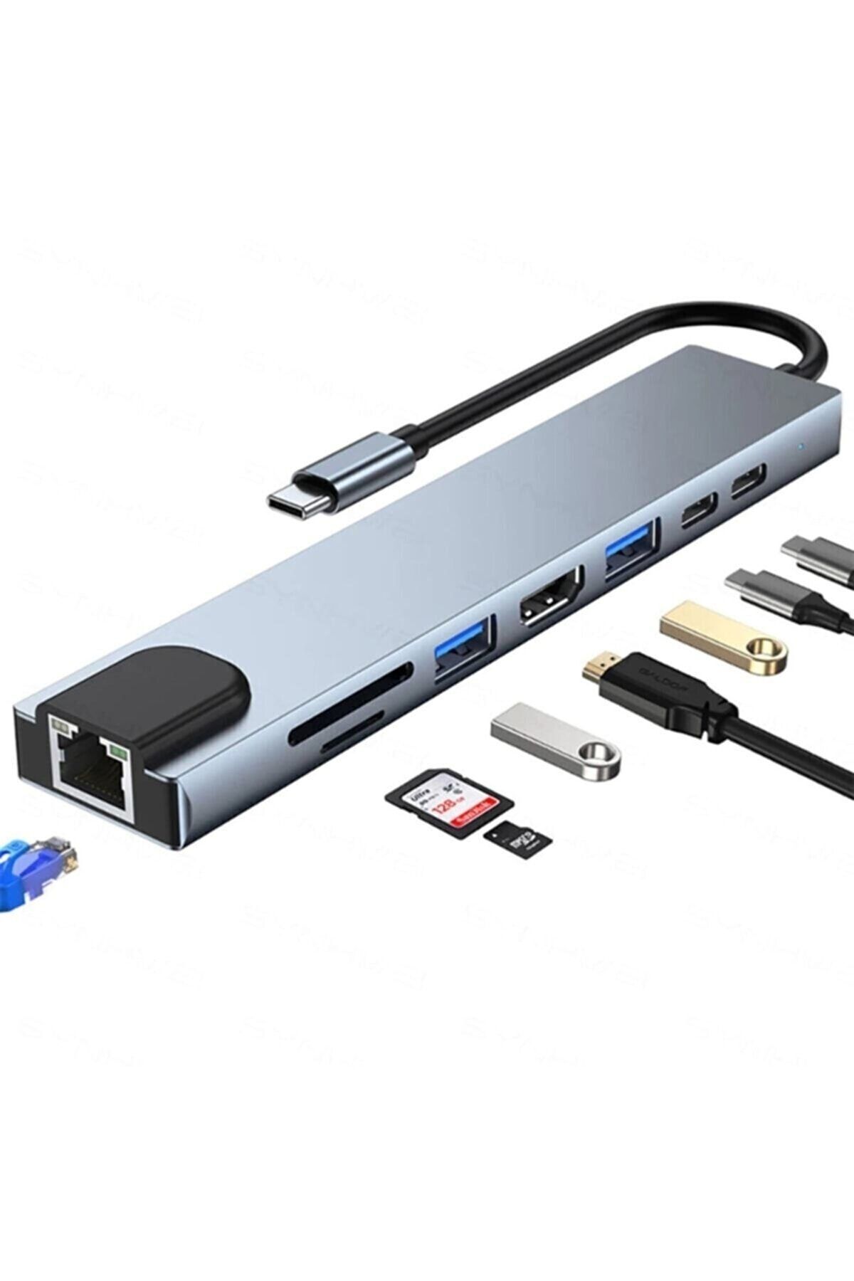 8in1 Usb Type-c Hub Port Adaptör Hdmı Usb Ethernet Pd Girişli