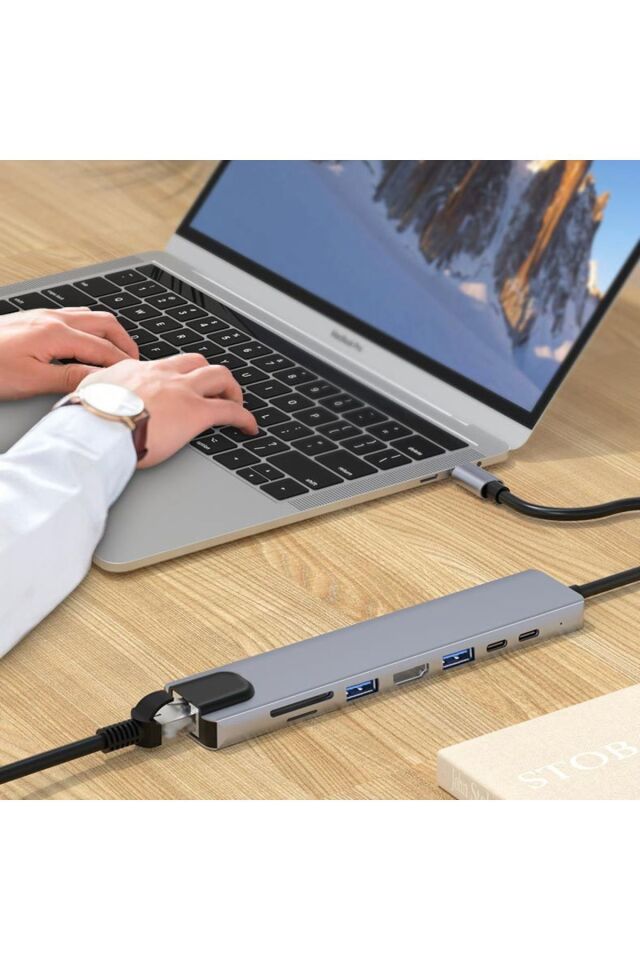 8in1 USB Type-C Hub Port Adaptör uyumlu  HDMI USB Ethernet 100W PD Girişli