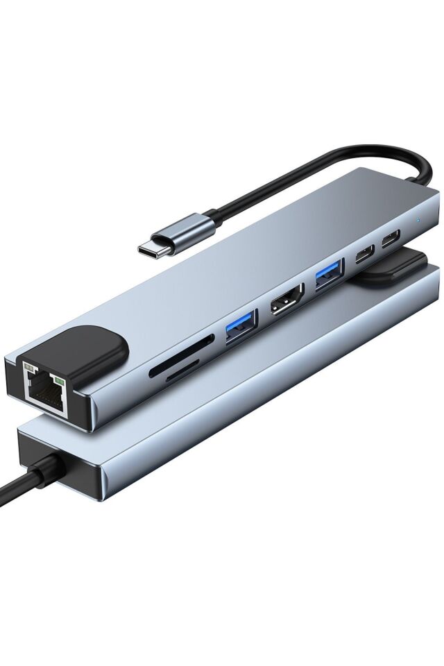 8in1 USB Type-C Hub Port Adaptör uyumlu  HDMI USB Ethernet 100W PD Girişli