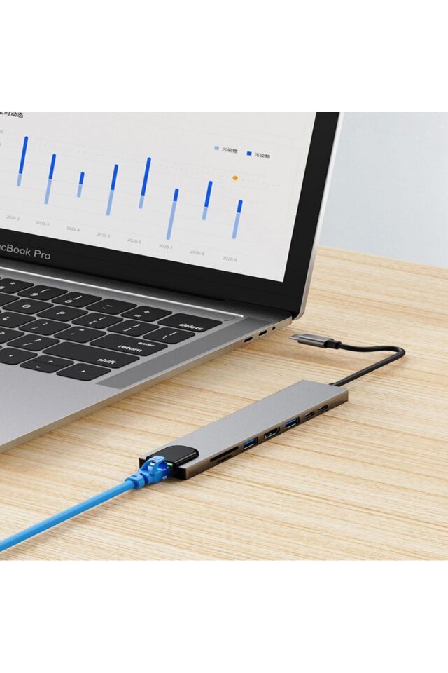 8in1 USB Type-C Hub Port Adaptör uyumlu  HDMI USB Ethernet 100W PD Girişli