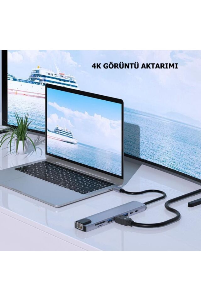 8in1 USB Type-C Hub Port Adaptör uyumlu  HDMI USB Ethernet 100W PD Girişli