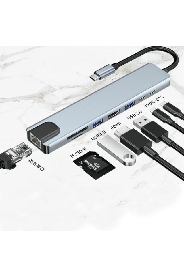 8in1 USB Type-C Hub Port Adaptör uyumlu  HDMI USB Ethernet 100W PD Girişli