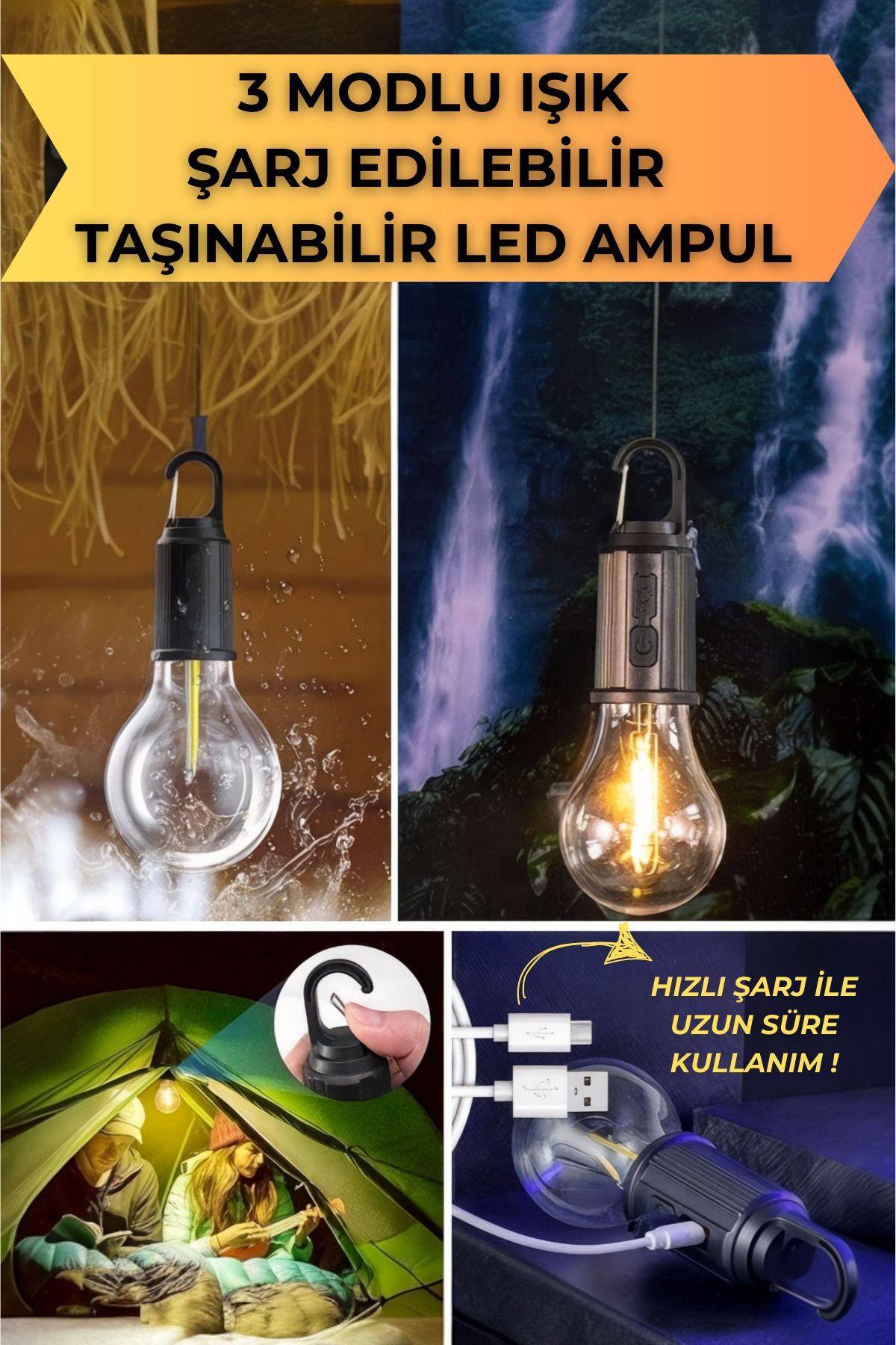 Şarj Edilebilir 3 Modlu LED Kamp Lambası - Kancalı Asma-Taşınabilir Tasarımı-Dış Mekan Aydınlatma
