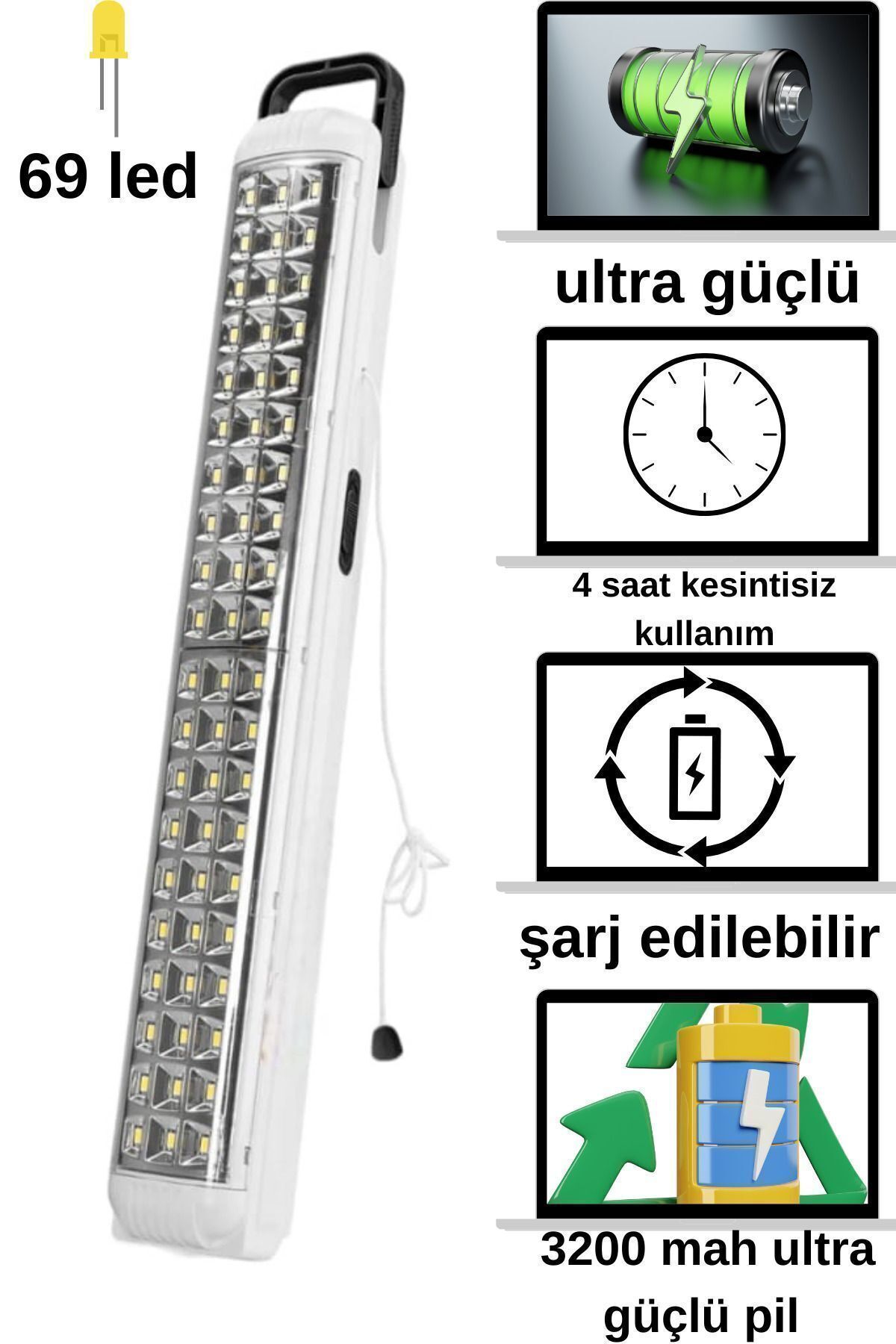 69 Led Şarjlı Işıldak Ledli Kamp Lambası El Feneri Projektör Şarj Aydınlatma Ampul Akülü Spot Lamba