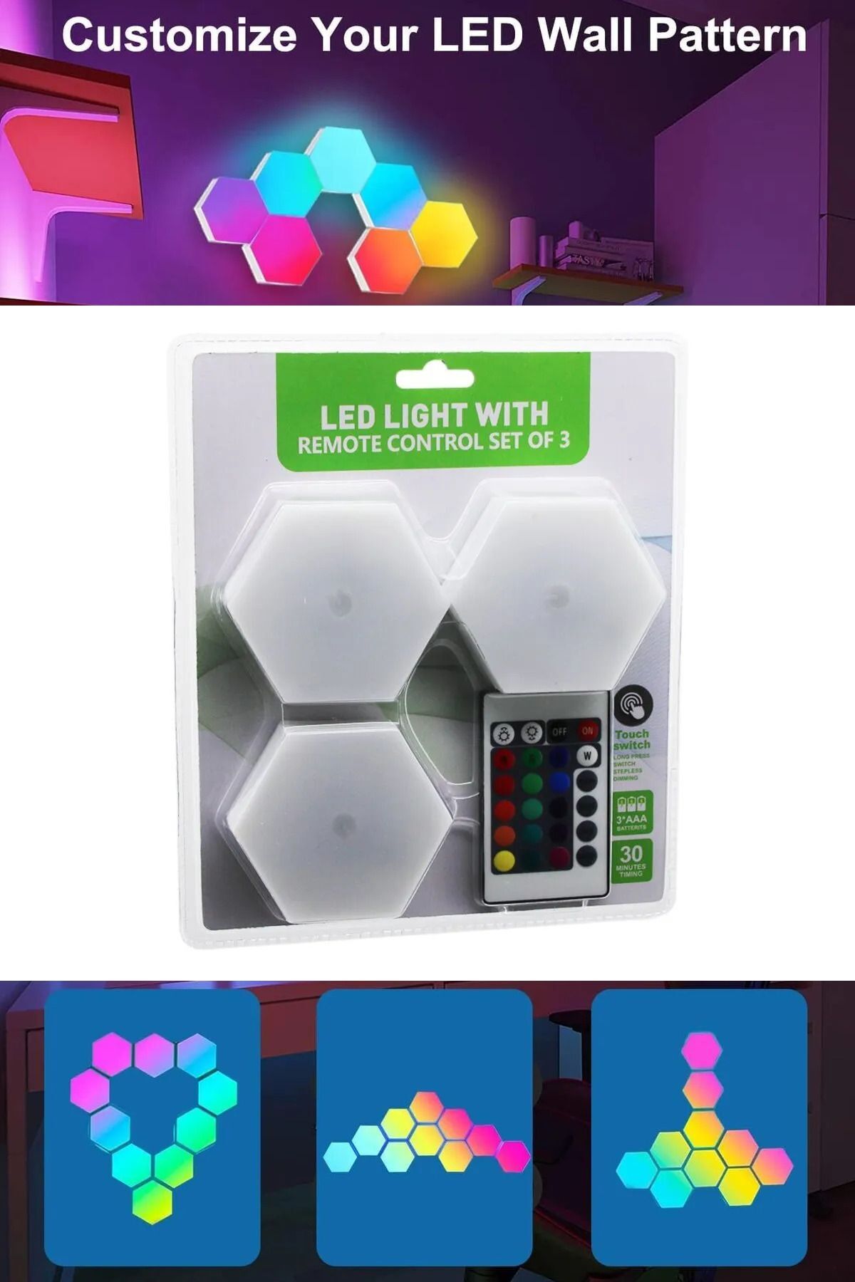 3lü Uzaktan Kumandalı RGB LED Paneller, Altıgen LED Duvar Işıkları Oyun Duvar Paneli Dokunmatik