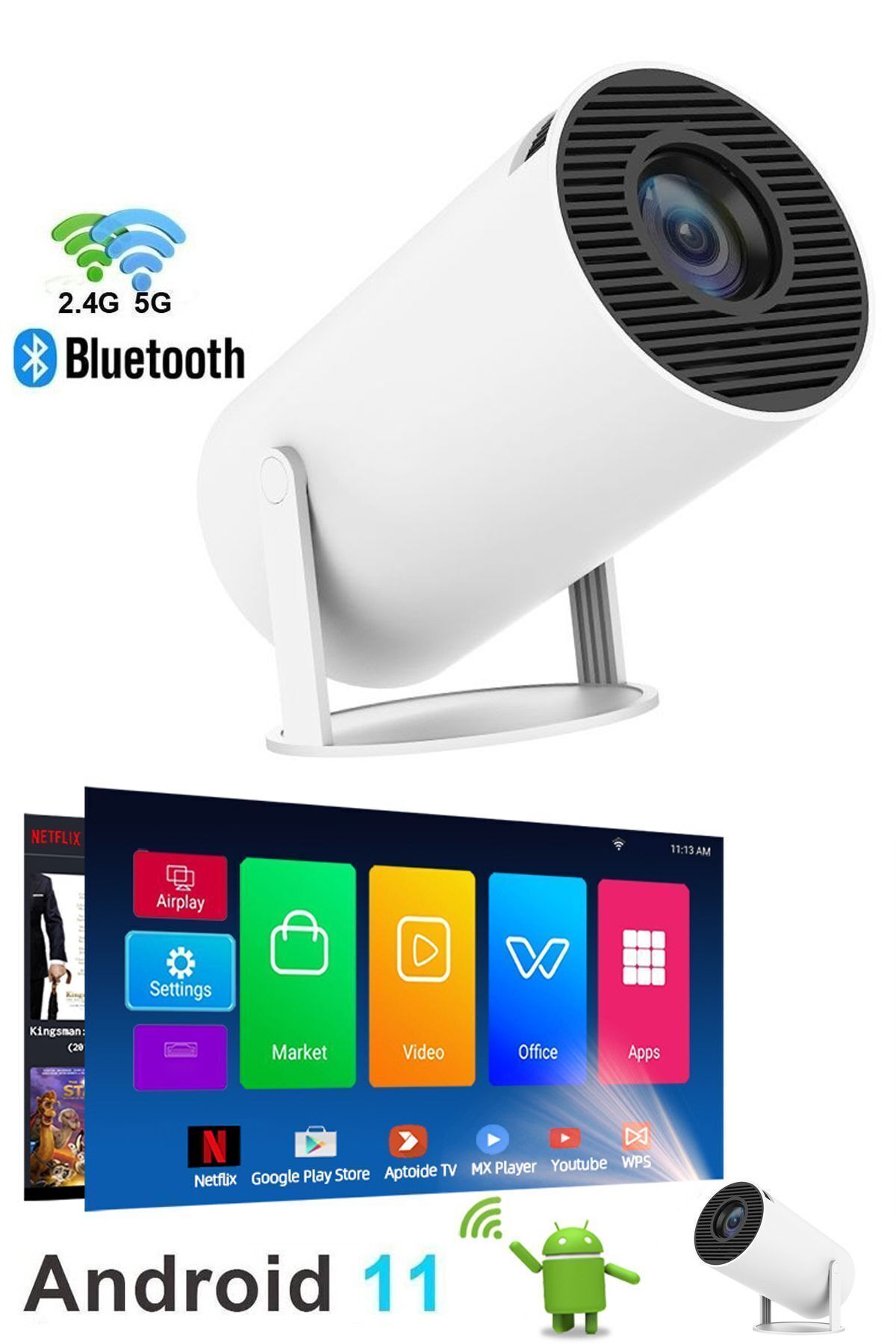 Taşınabilir Sinema Projektörü 1280 * 720P Ev Sineması Bluetooth Android 11 Akıllı Projeksiyon Wifi