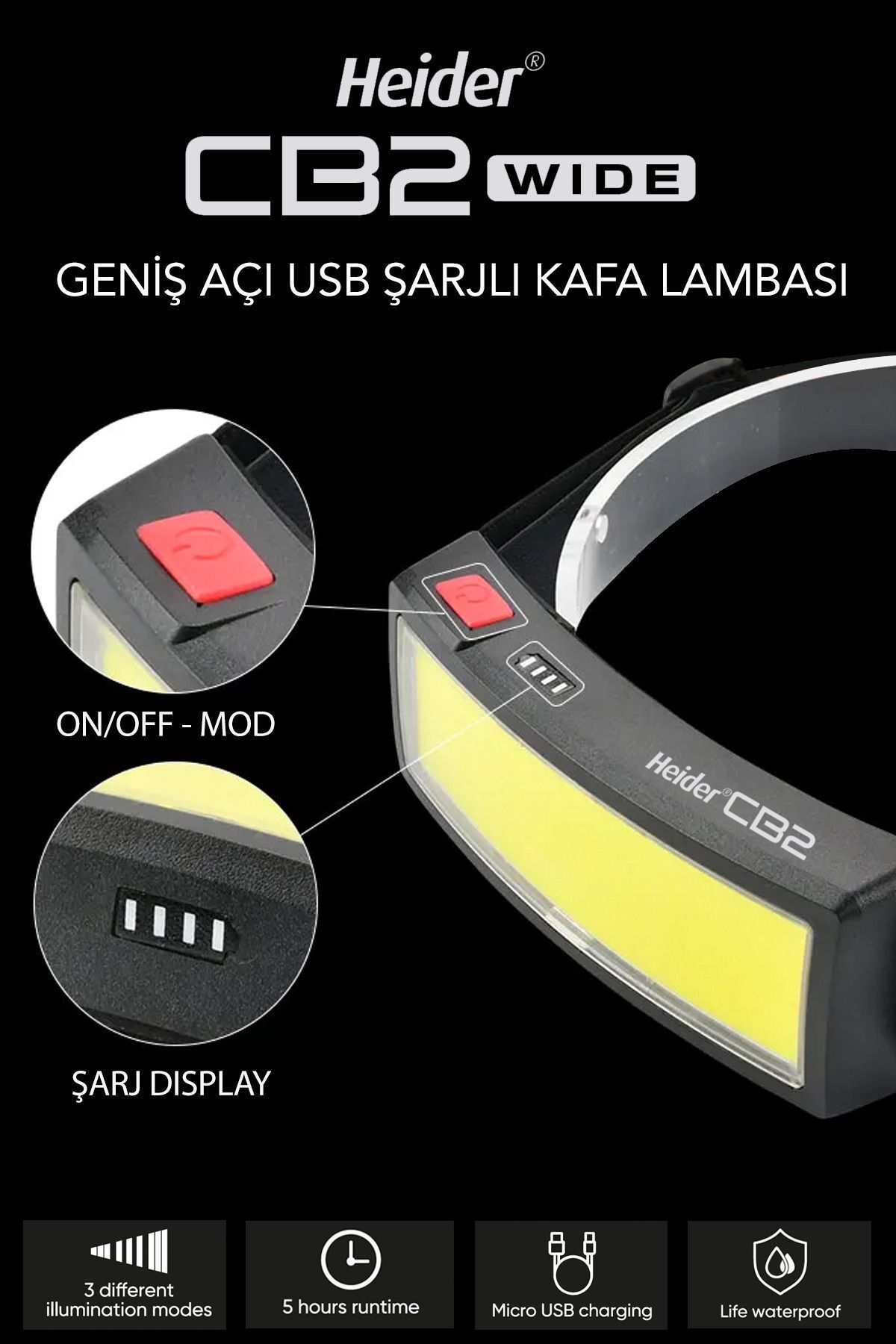 CB2 Wide USB Şarjlı Geniş Açı Kafa Lambası - 5 Yıl Garantili- CE ve RoHS belgeli