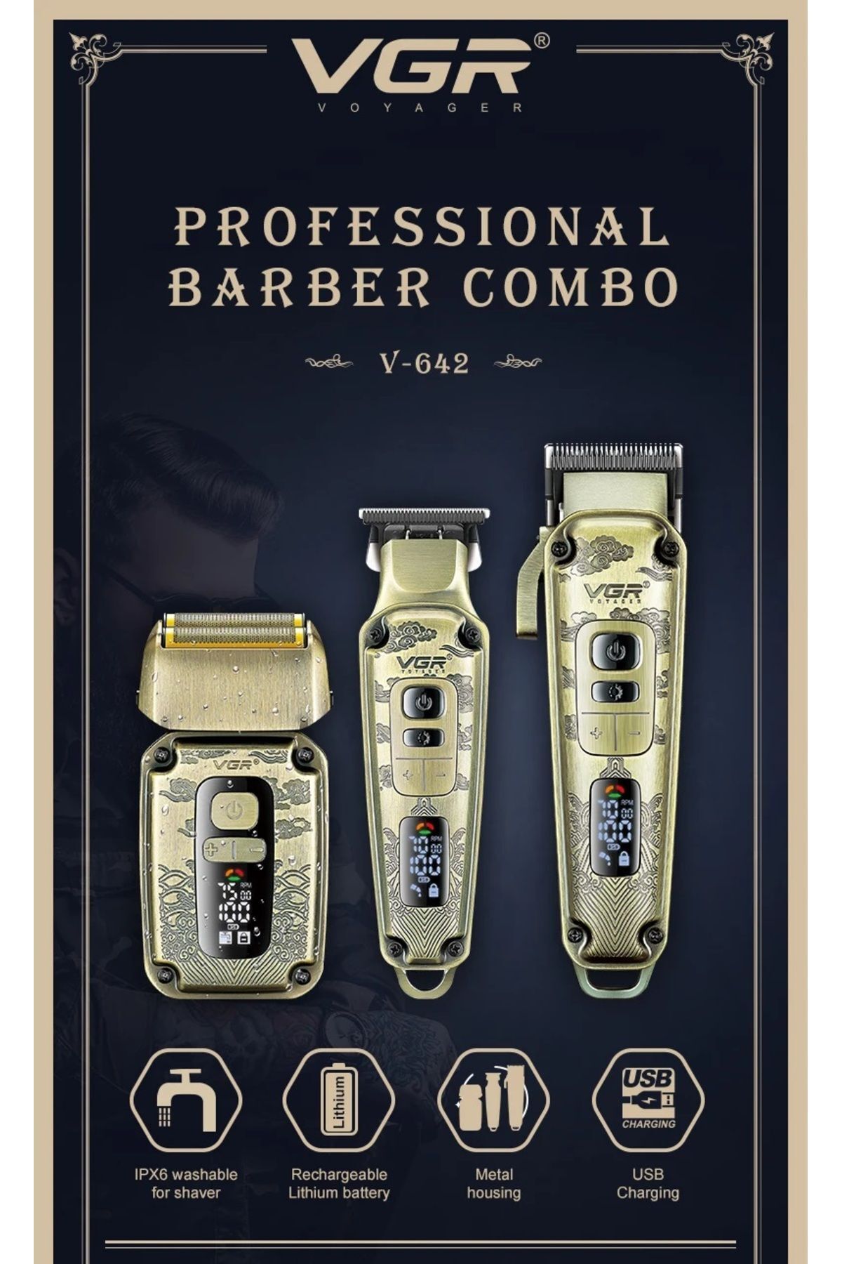 V-642 Profesyonel Metal Çok Kaliteli Berber Kuaför Tıraş Makinesi 3 Makine Full Set