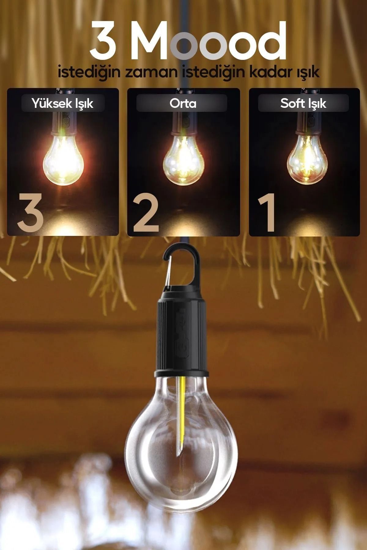 USB ŞARJ EDİLEBİLİR TAŞINABİLİR 3 MODLU SU GEÇİRMEZ KAMP AMPULÜ