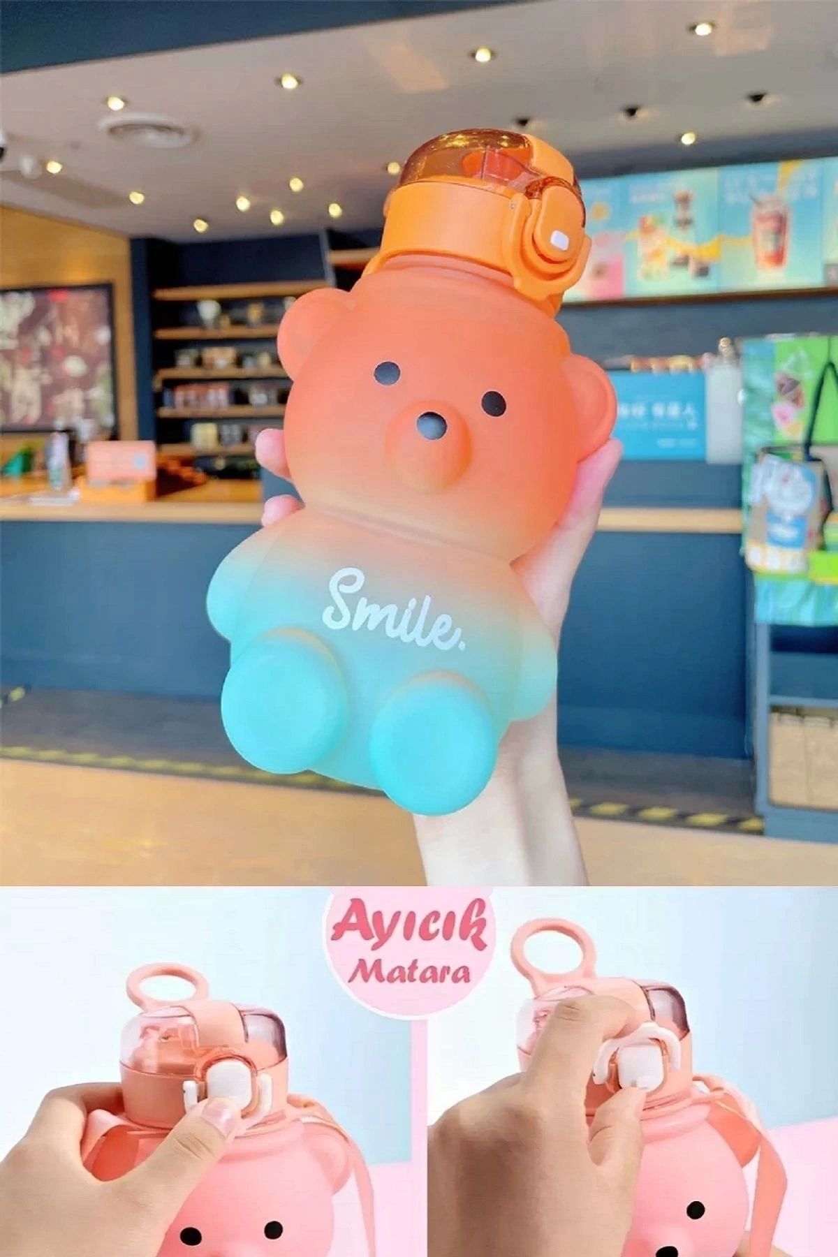Smile Ayıcık Model Su Matarası 800 ml Askılı Çocuk Okul Su Şişesi Pipetli Sızdırmaz Kapak Suluk