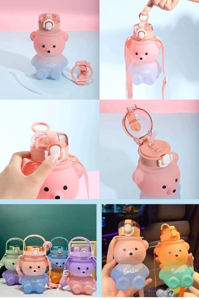 Smile Ayıcık Model Su Matarası 800 ml Askılı Çocuk Okul Su Şişesi Pipetli Sızdırmaz Kapak Suluk