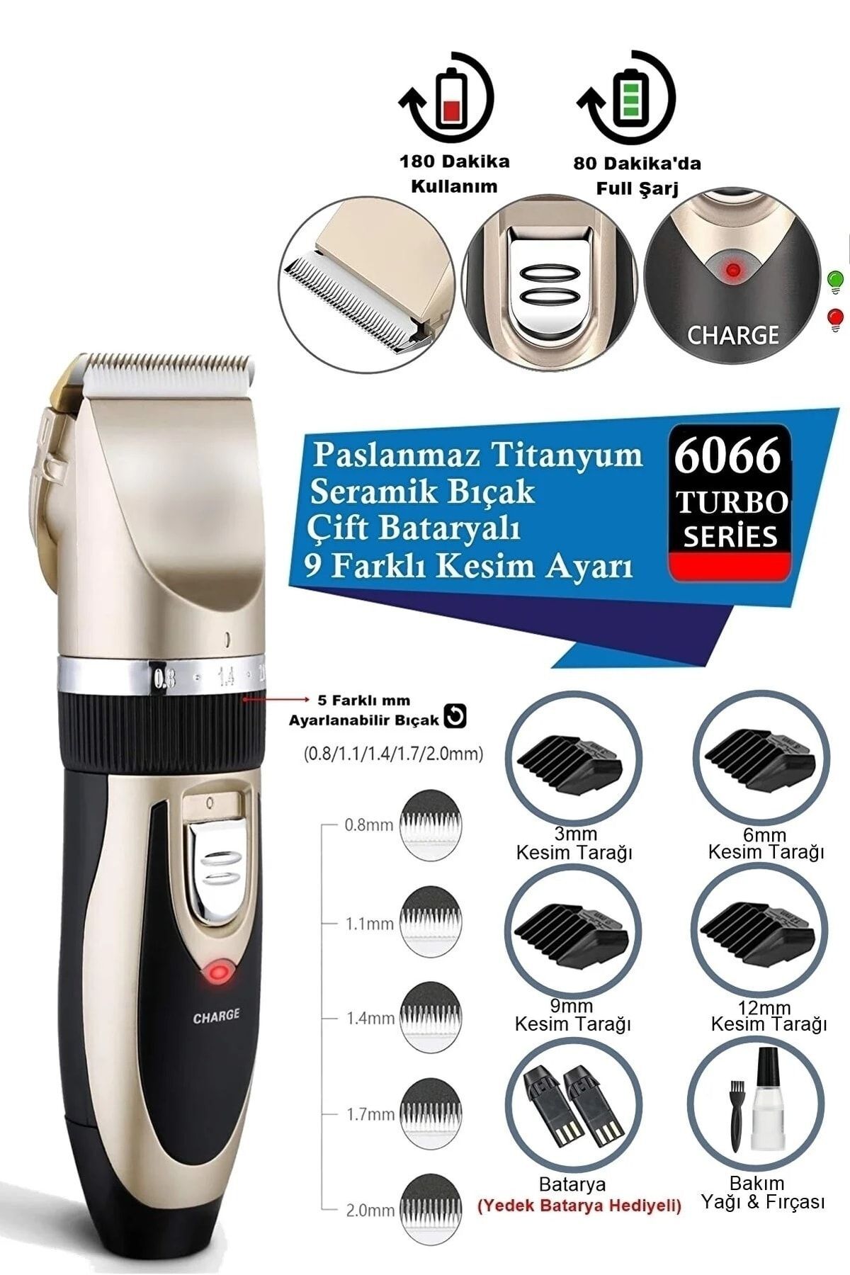 6066 Seramik Bıçaklı Pro Şarjlı Saç Sakal Tıraş Makinesi 9 Farklı Kesim Ayarı (yedek Bataryalı)