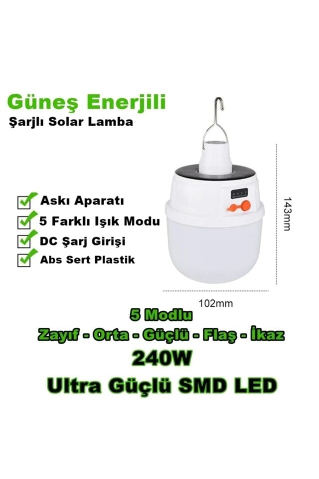 240w Güneş Enerjili Solar Aydınlatma Kamp Çadır Lambası Şarjlı Ampül Led Şarjlı El Feneri Işıldak