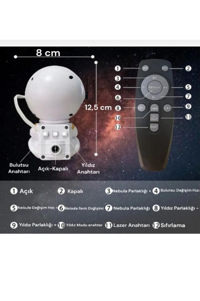 Mini Boy Kumandalı Astronot Galaksi Projeksiyon Çocuk Odası Zamanlayıcılı Işıklı Gece Lamba