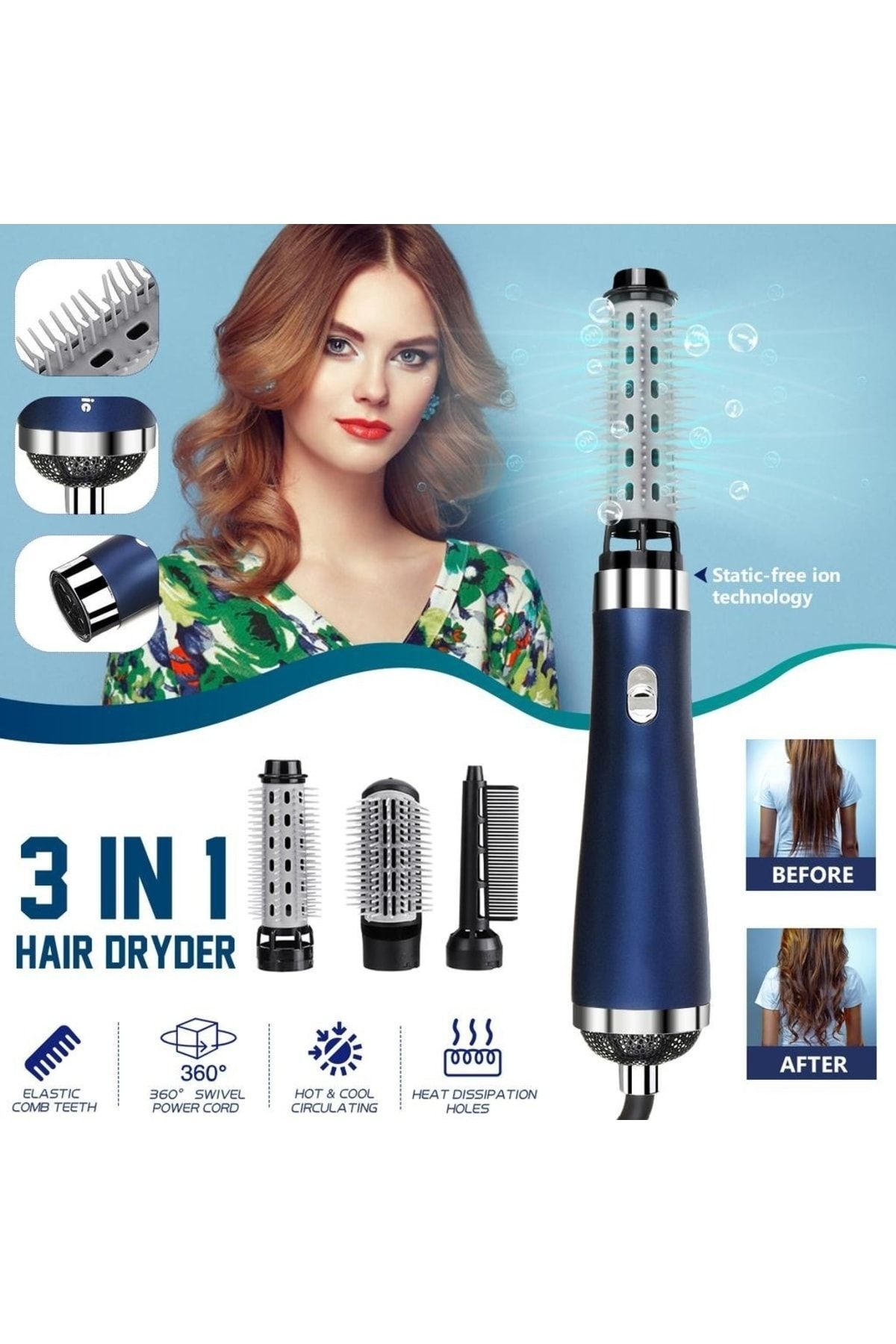 3 In 1 1200w Iyonik Profesyonel Saç Şekillendirici Fırça Taraklı Kurutma Fön Makinesi