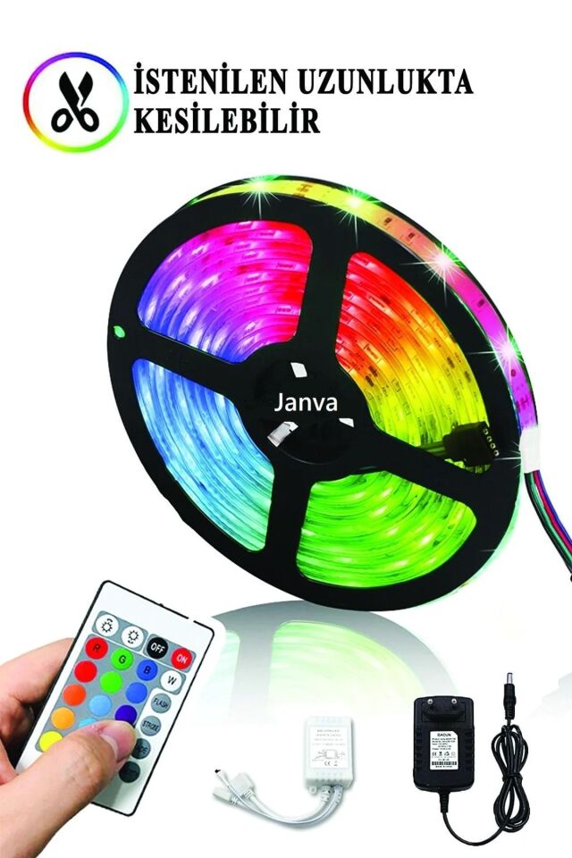 3 Çipli Rgb Şerit Led Iç Ve Dış Mekan 5 Metre Set Tak Çalıştır 16 Renk Kumandalı Adaptörlü