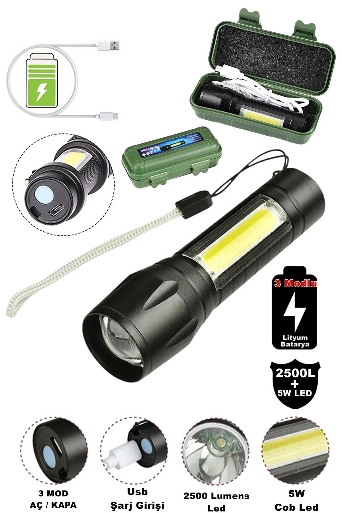 Tak-02 Ultra Güçlü 2500 Lumens + 5w Cob Led Usb Şarjlı El Feneri Kutulu Kamp Feneri Avcılık Pro