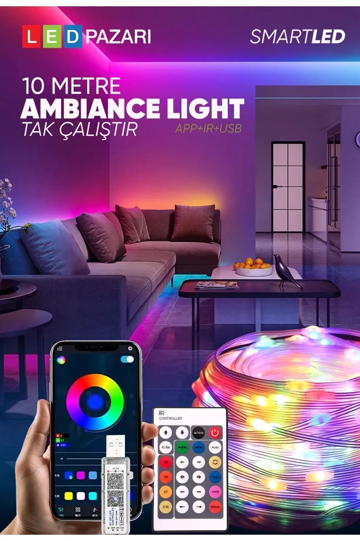 10 Metre Rgb Ses Kontrollü Kumandalı Telefon Kontrollü Kayar Magic Led Müzik Rgb Şerit Su Geçirmez