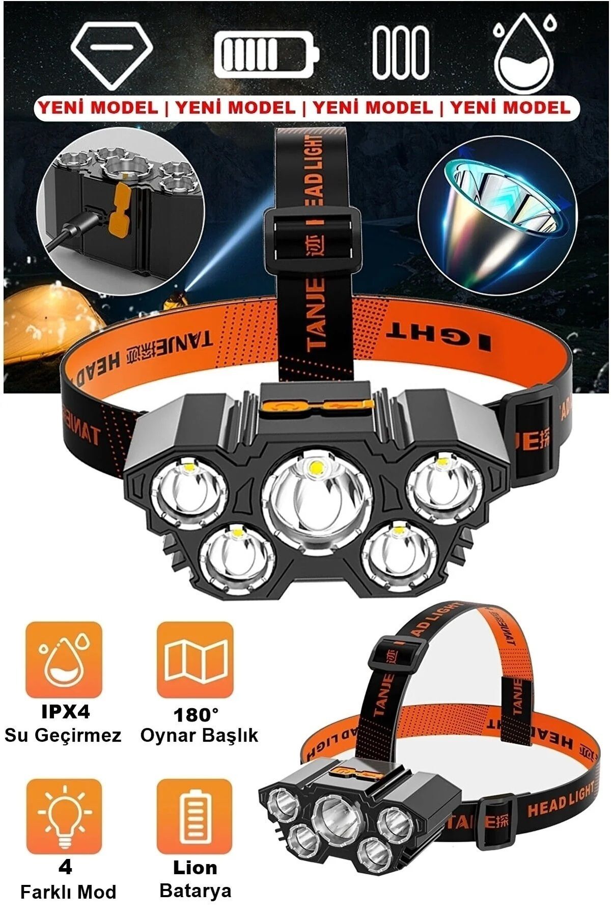 Usb Şarjlı 150w Ultra Güçlü Led Şarjlı 5 Led 5x Cree Led Kafa Feneri Avcı Feneri Balıkçı Kamp Feneri