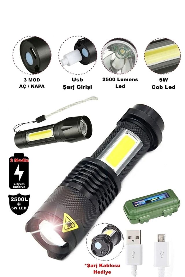 Tak-03 Ultra Güçlü 2500 Lumens + 5w Cob Led Usb Şarjlı El Feneri Kutulu Kamp Feneri Avcılık Pro3