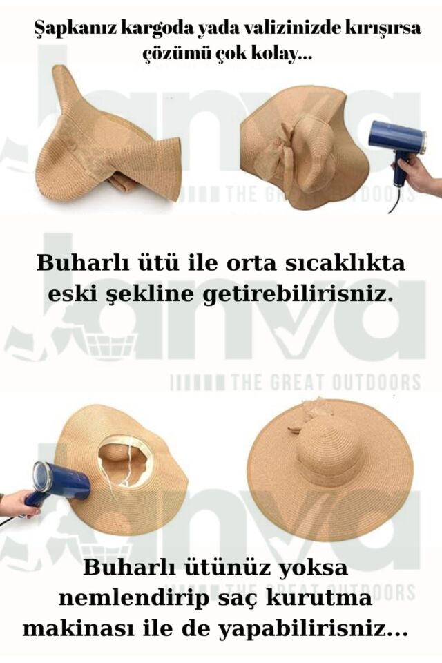 Şapka Hasır Plaj Aksesuarı Fötür Dalgalı Örgü Güneş Koruyucu Siperli 47cm LÜXARY Krem