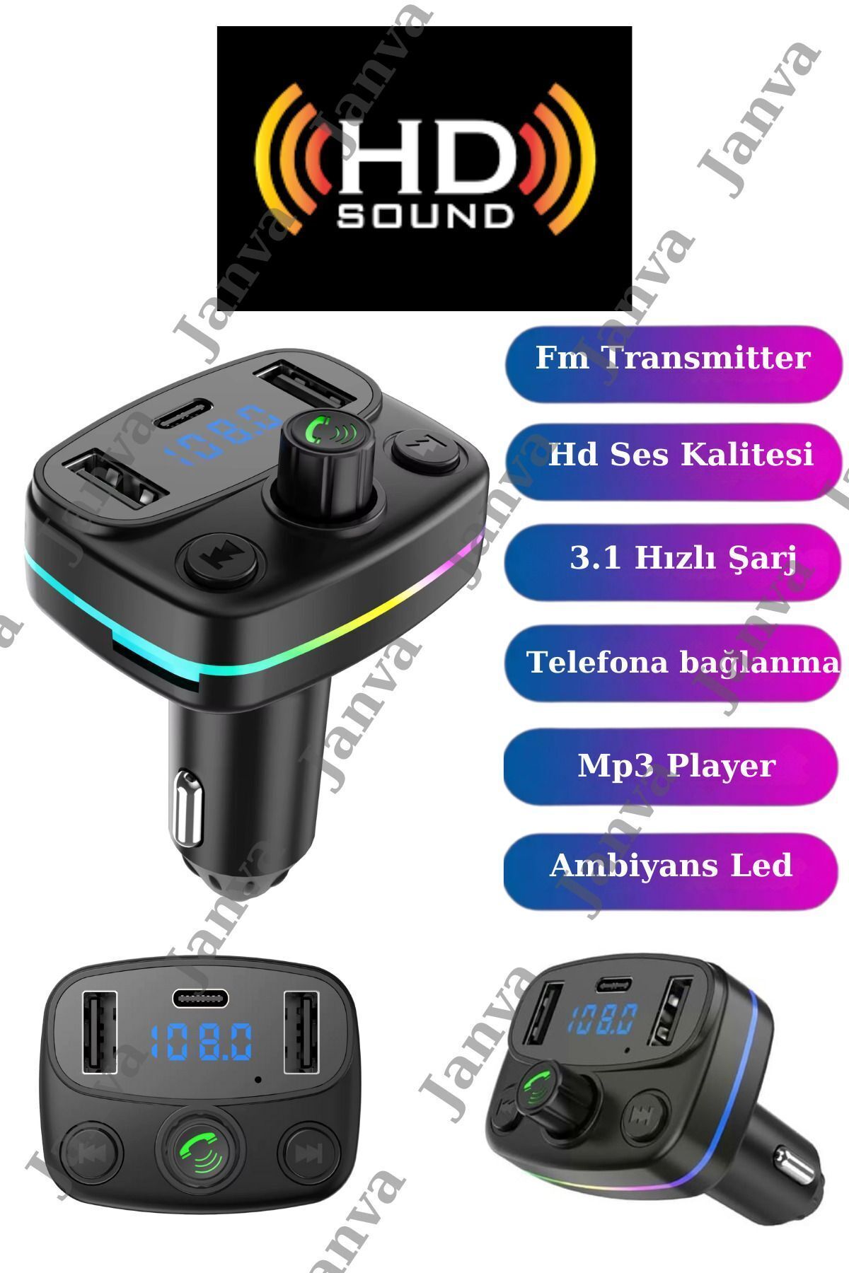 Araç Fm Transmitter 5.0 Bluetooth Araç Kiti Usb Mp3 Sd Kart Çakmaklık Girişli 3,1 amper Hızlı Şarj