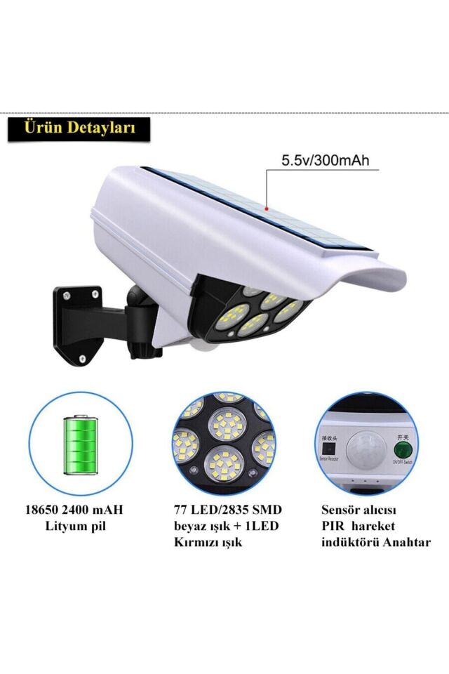 Kamera Lamba Solar Bahçe Lambası Güvenlik Kamerası Güneş Enerjili Dış Mekan 77 Led Kumandalı