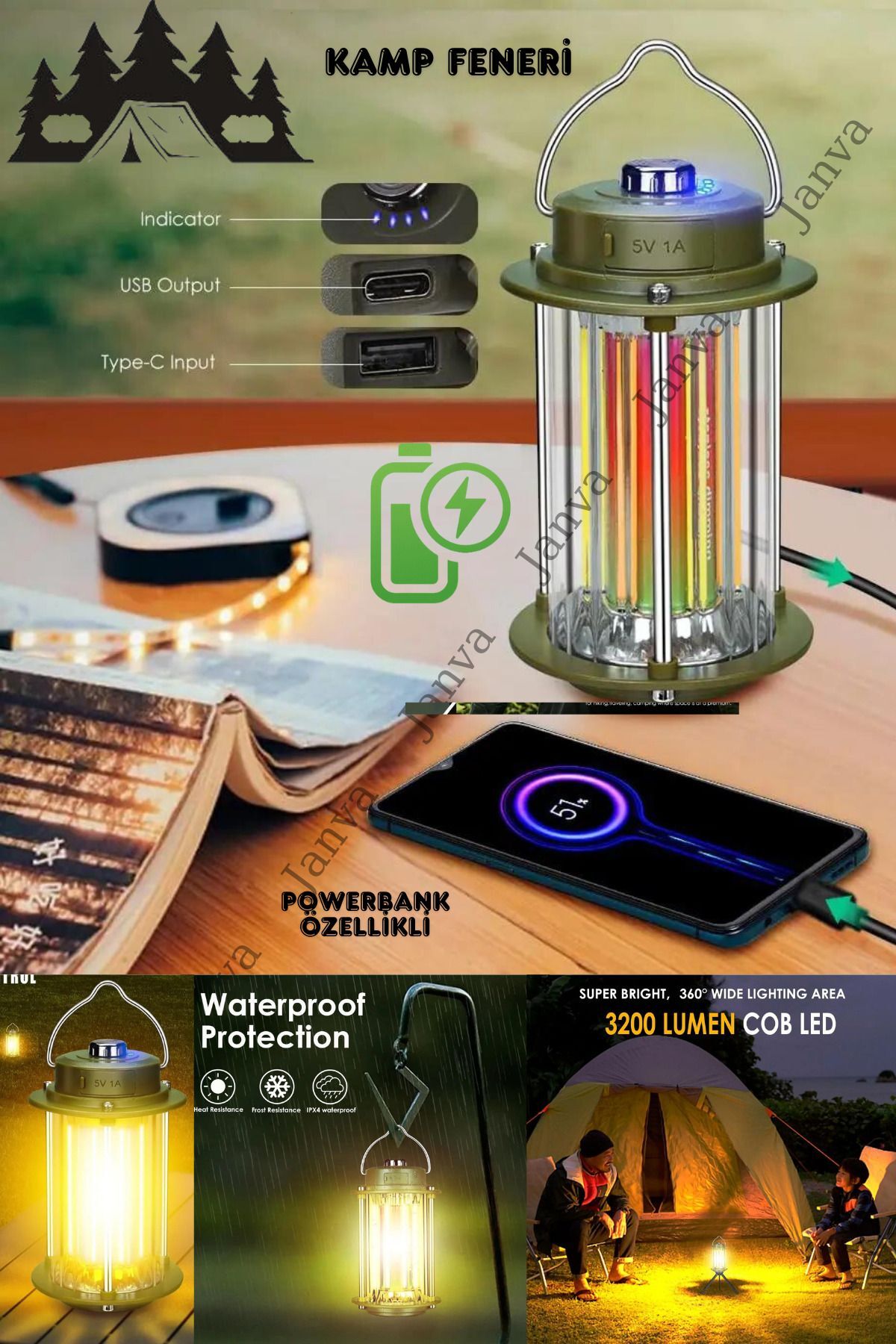 Powerbanklı Yeni Nesil Kamp Lambası Işıldak Usb Şarjlı Günışığı ve Beyaz Çok Modlu