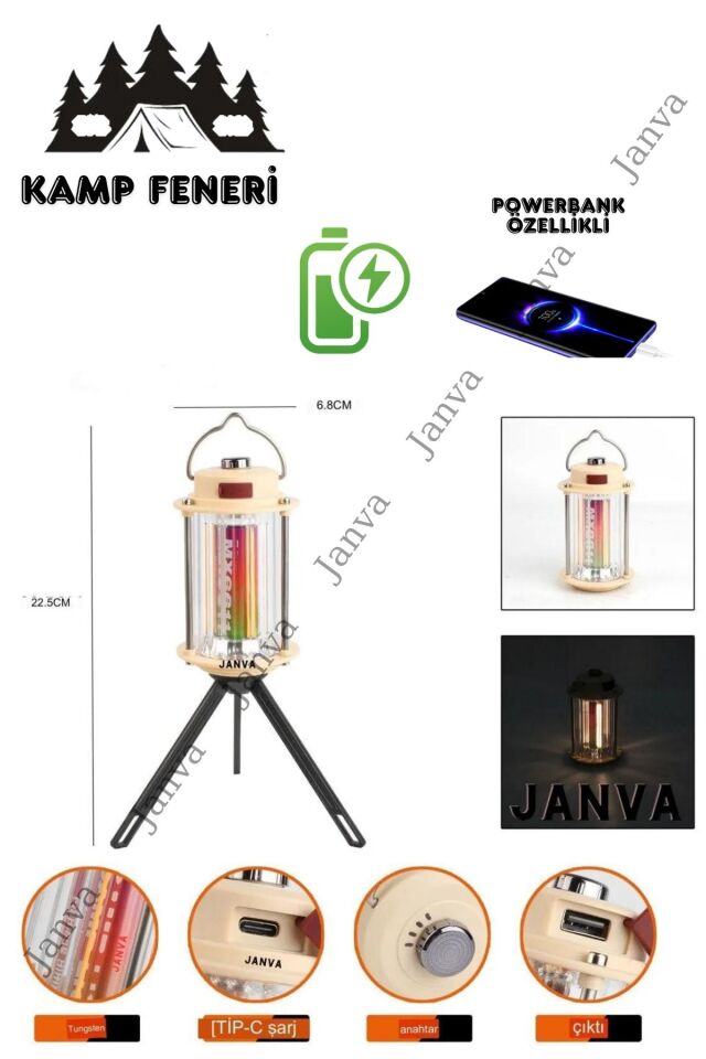 Powerbanklı Yeni Nesil Kamp Lambası Işıldak Usb Şarjlı Günışığı ve Beyaz Çok Modlu