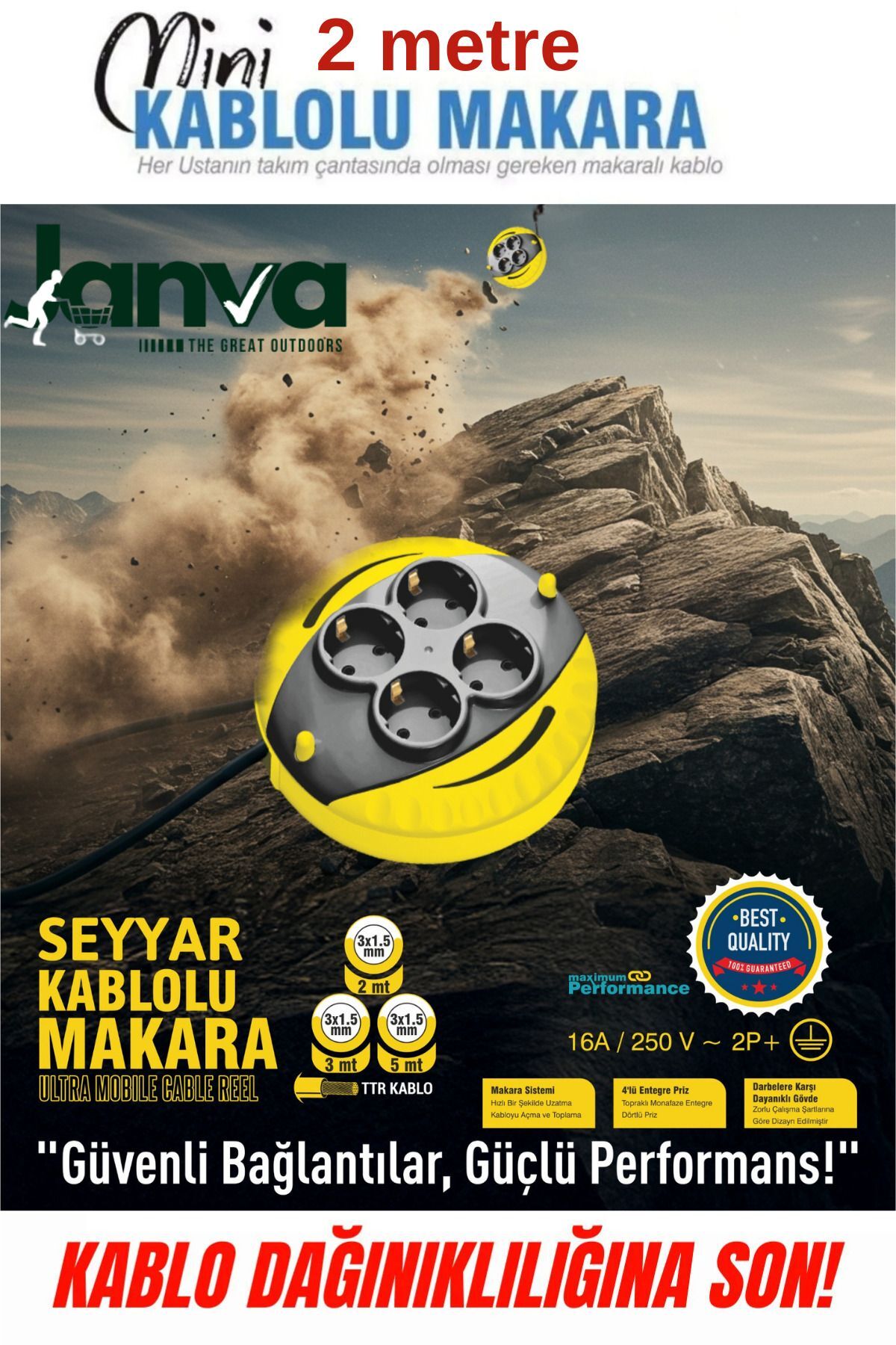 Çocuk Koruma Priz Pratik Ev Ofis Ve Iş Mini Seyyar Makaralı Elektrik Uzatma Kablo 3x1,5mm 2 metre