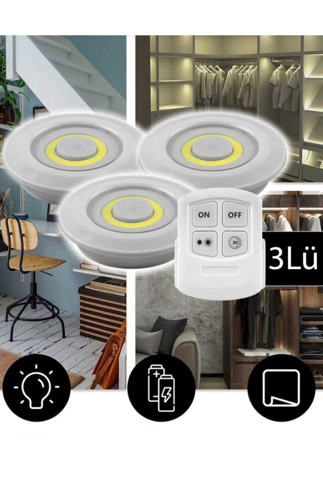 UZAKTAN KUMANDALI 3'lü SPOT BEYAZ LED LAMBA KABLOSUZ PİLLİ IŞILDAK