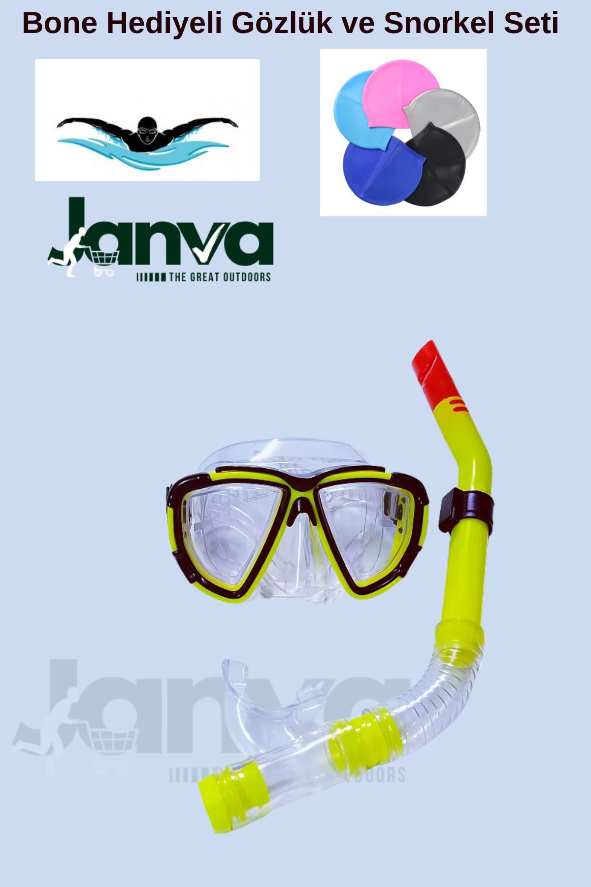 Deniz Havuz Yüzme Seti Gözlük ve Snorkel Seti Bone Hediyeli (3 Parça) Sarı