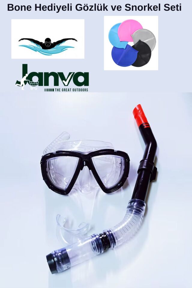 Deniz Havuz Yüzme Seti Gözlük ve Snorkel Seti Bone Hediyeli (3 Parça) Siyah
