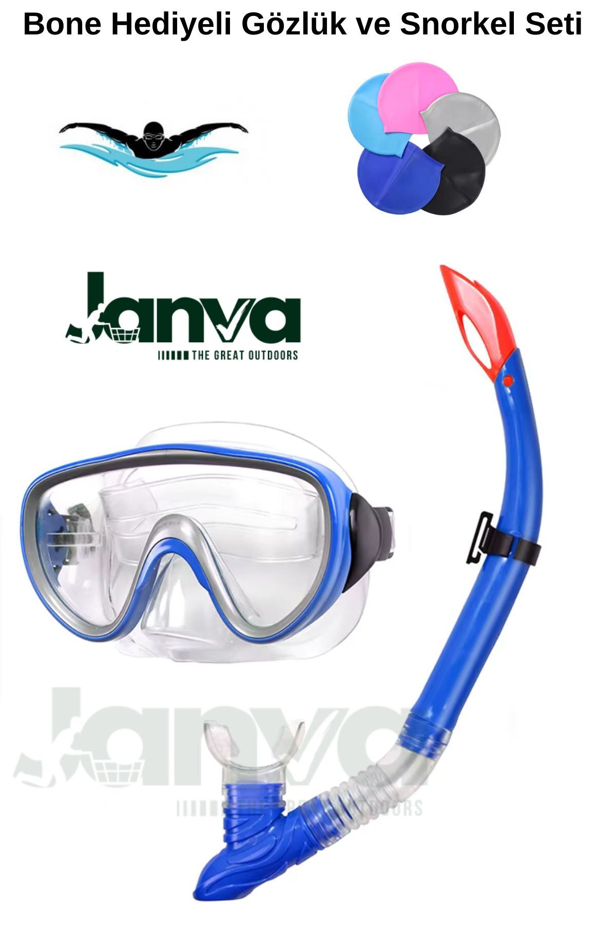 Deniz Havuz Yüzme Seti Gözlük ve Snorkel Seti Bone Hediyeli (3 Parça) mavi