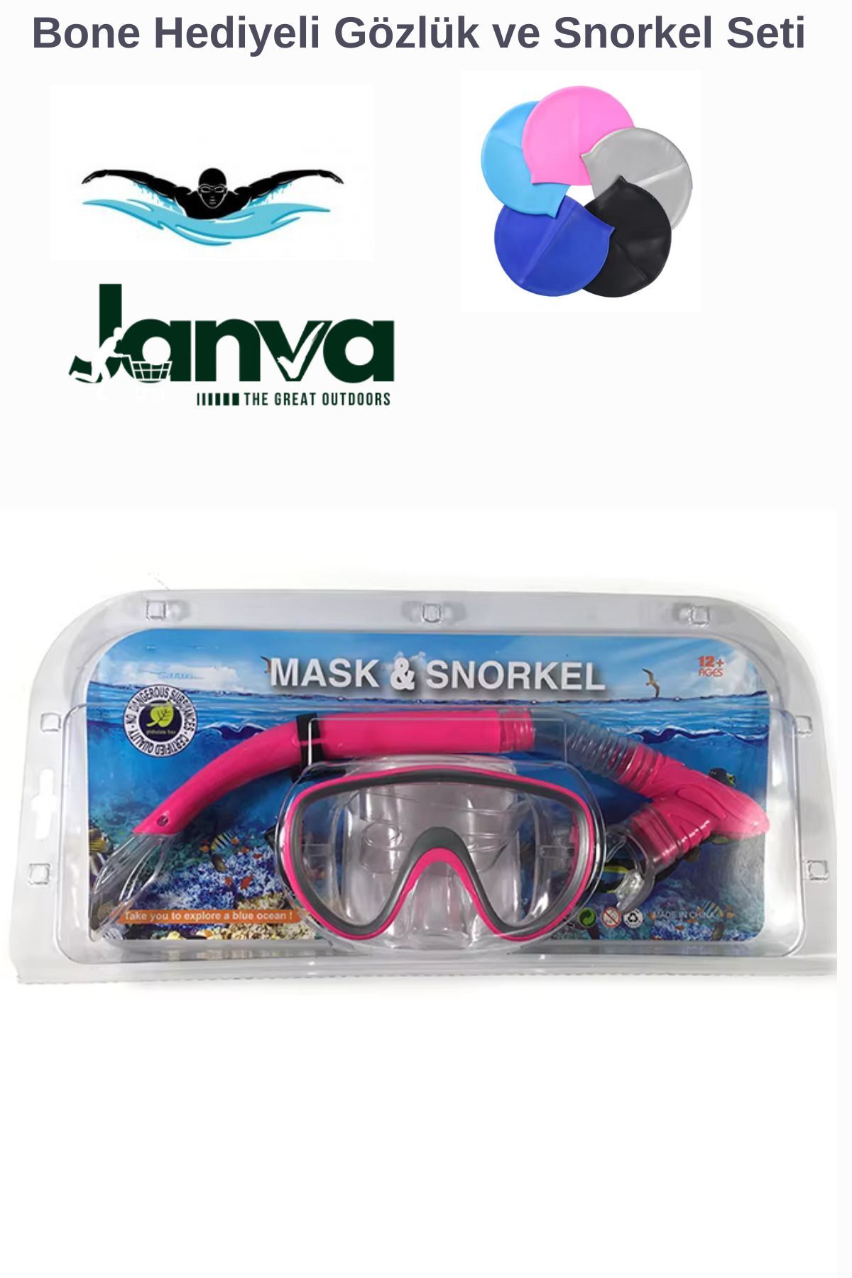 Deniz Havuz Yüzme Seti Gözlük ve Snorkel Seti Bone Hediyeli (3 Parça) Kırmızı