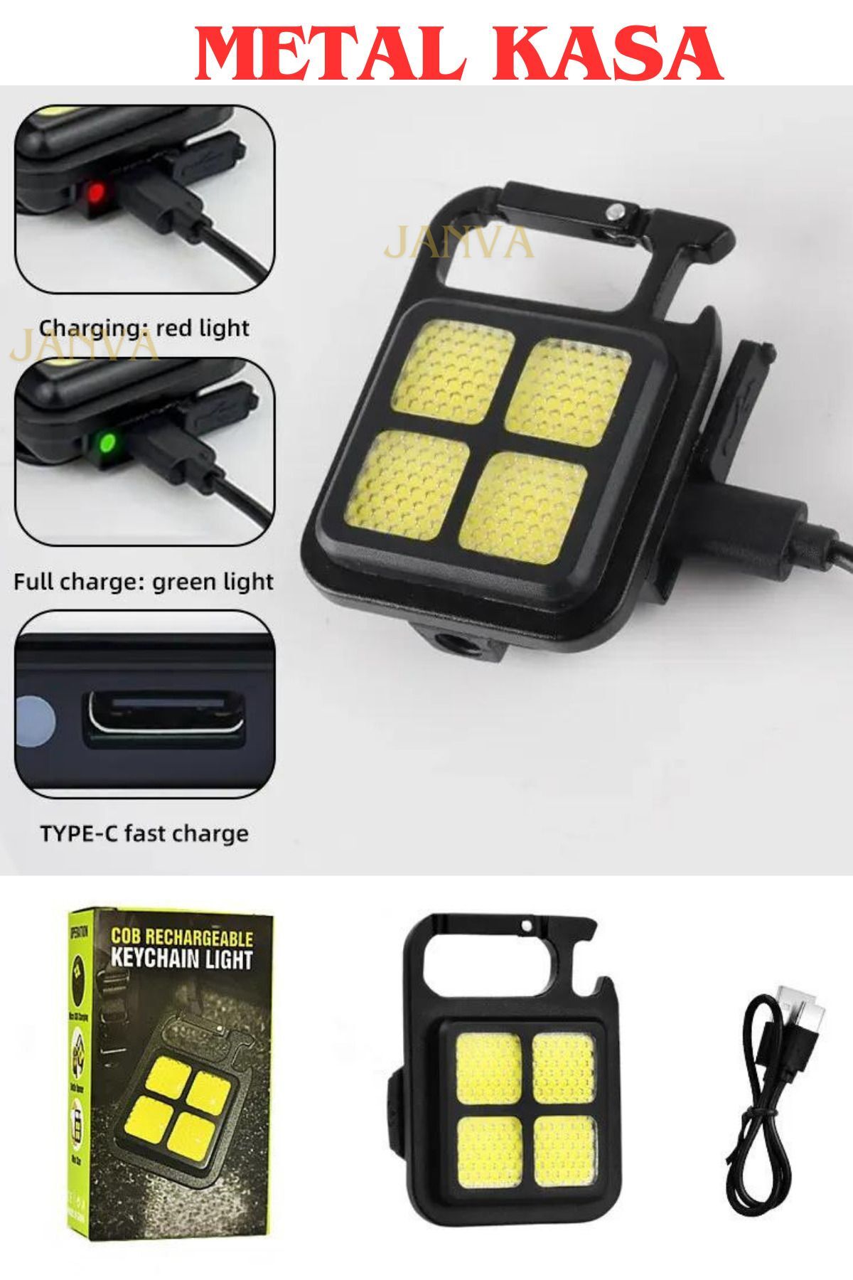Metal Kasa Led El Feneri , Karabinalı, Mıknatıslı , Su Geçirmez , Şişe Açacaklı , Şarjlı 1200mah