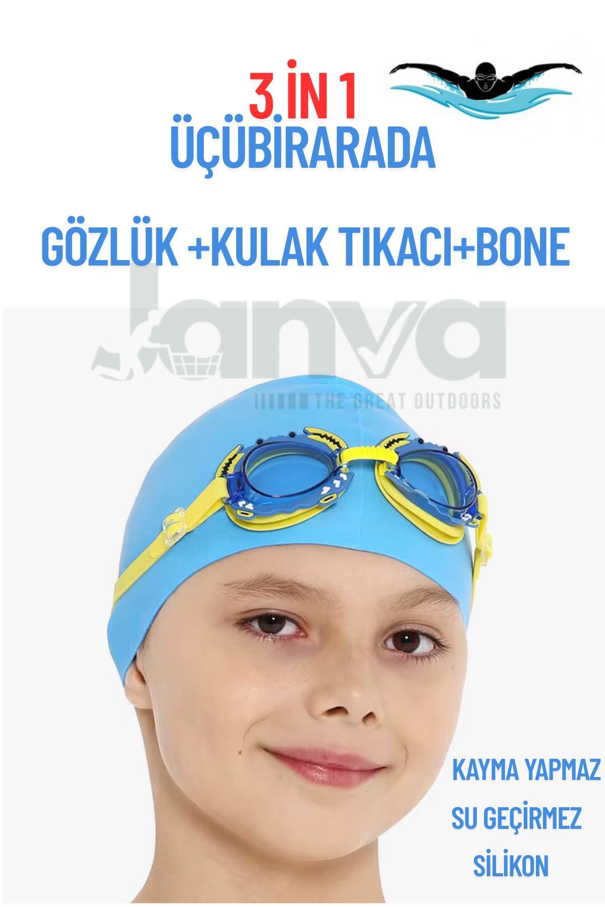 Çocuk-Genç Havuz Deniz Yüzme Seti Silikon Bone + Gözlük + Tıkaç 3 in 1 erkekrenklerikarışık
