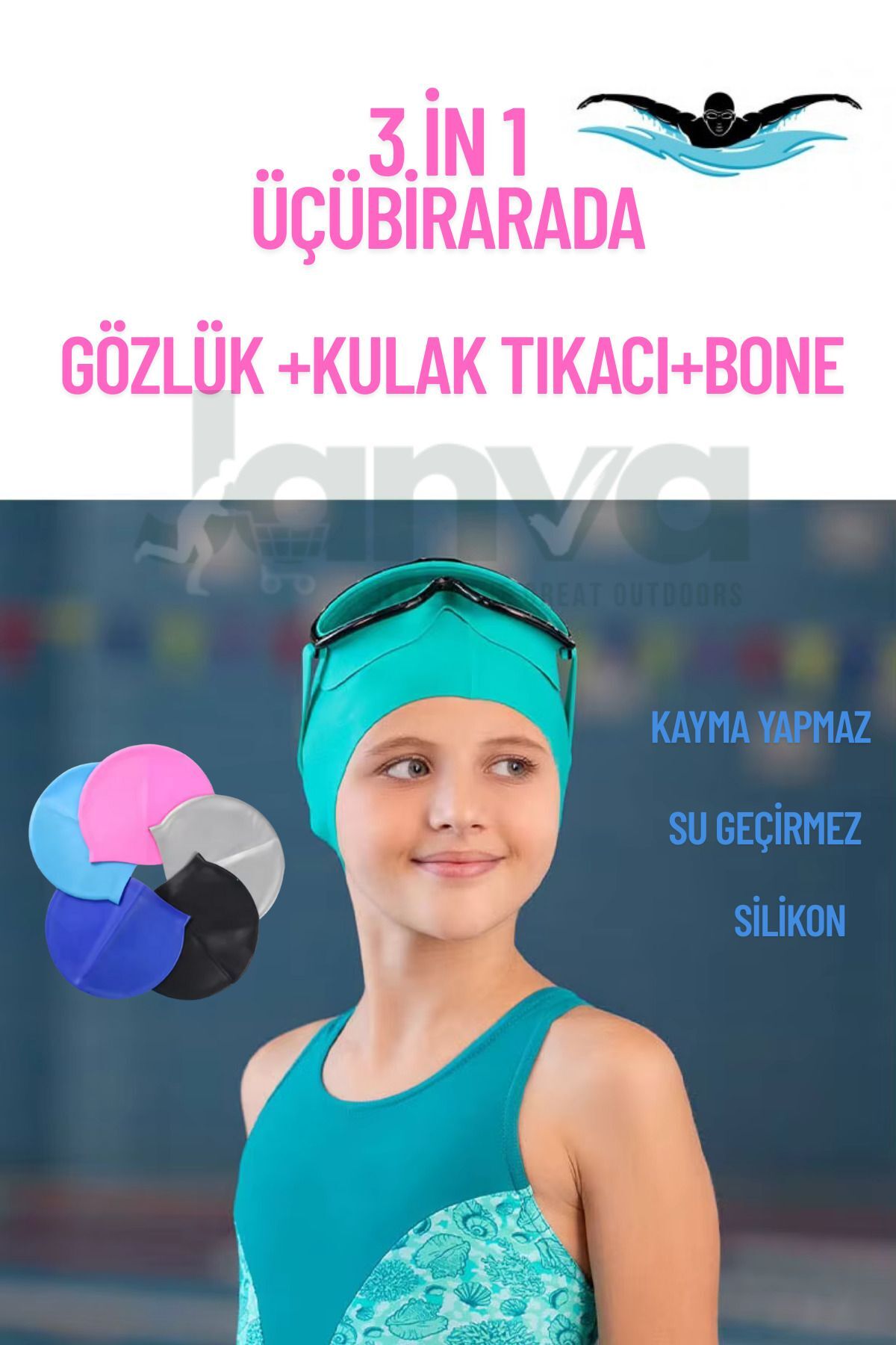 Çocuk-Genç Havuz Deniz Yüzme Seti Silikon Bone + Gözlük + Tıkaç 3 in 1 Bayanrenklerikarışık