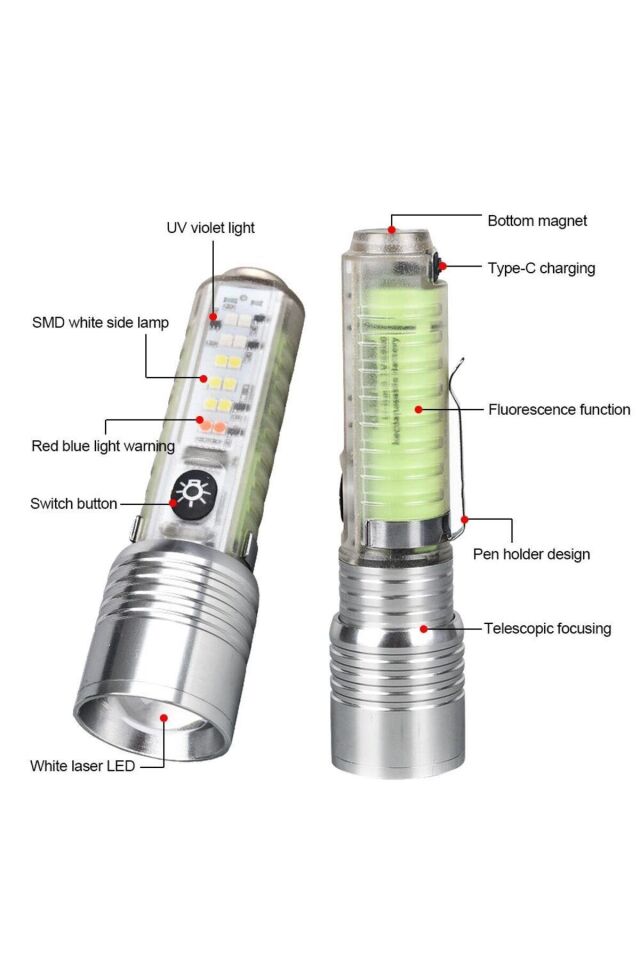 Ultra Zoomlu 1500 Lümen Çok Güçlü Fener Şeffaf Usb Şarjlı Çok Fonksiyonlu Çakarlı Mıknatıslı