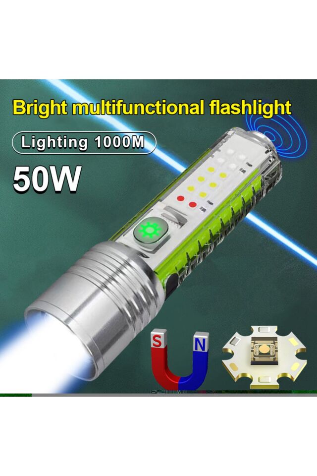 Ultra Zoomlu 1500 Lümen Çok Güçlü Fener Şeffaf Usb Şarjlı Çok Fonksiyonlu Çakarlı Mıknatıslı