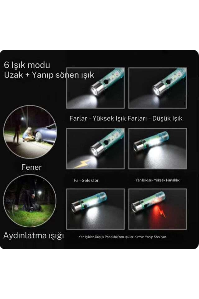 2500 lümen 7 farklı ışık şiddetine sahip kancalı flaşörlü ultra güçlü mini cep el feneri çok renkli