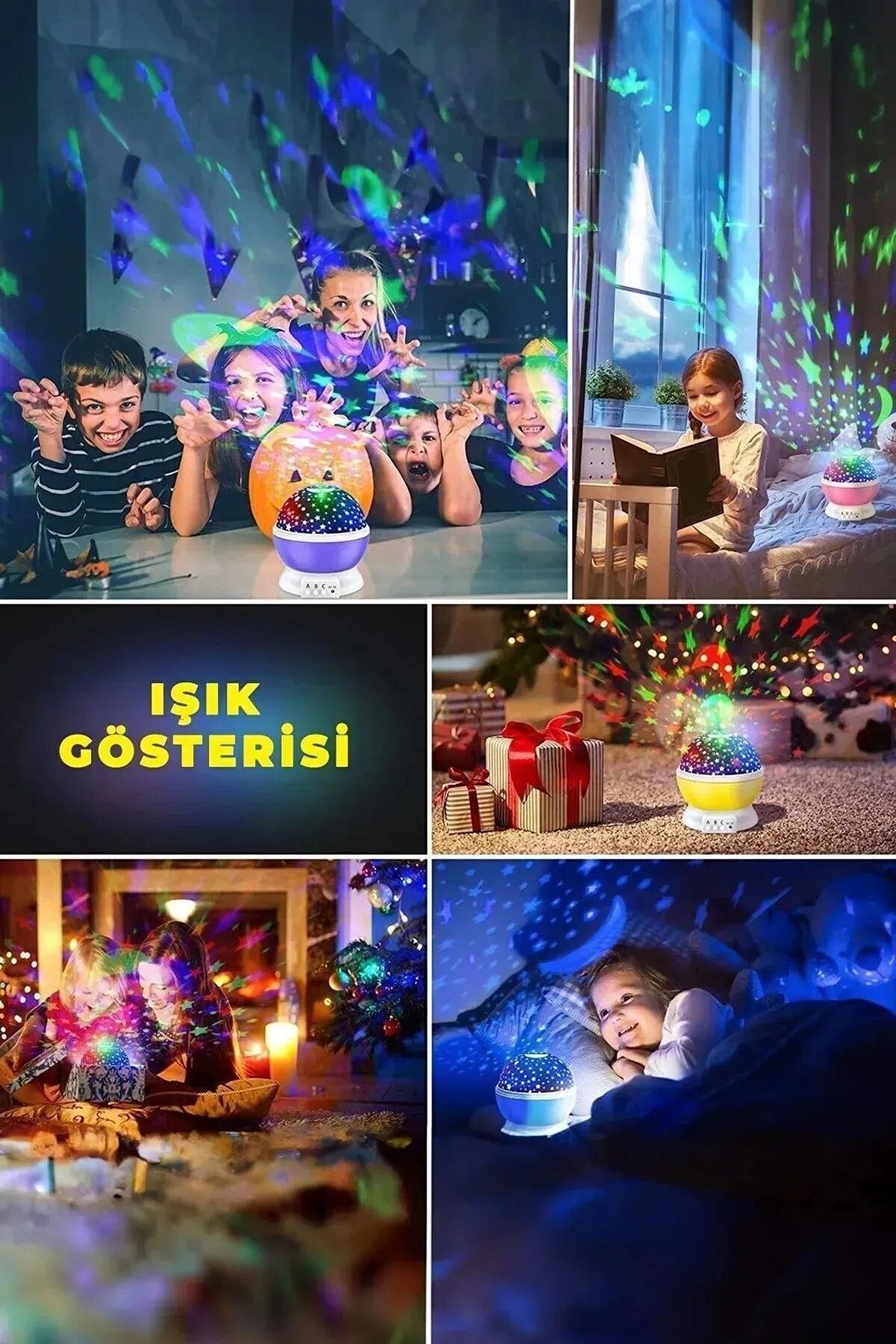 Gece Lambası Tavana Işık Yansıtan Dönen Yıldız Ay Projeksiyon Çocuk ve Genç Odası Lamba Işık Küresi Yeşil