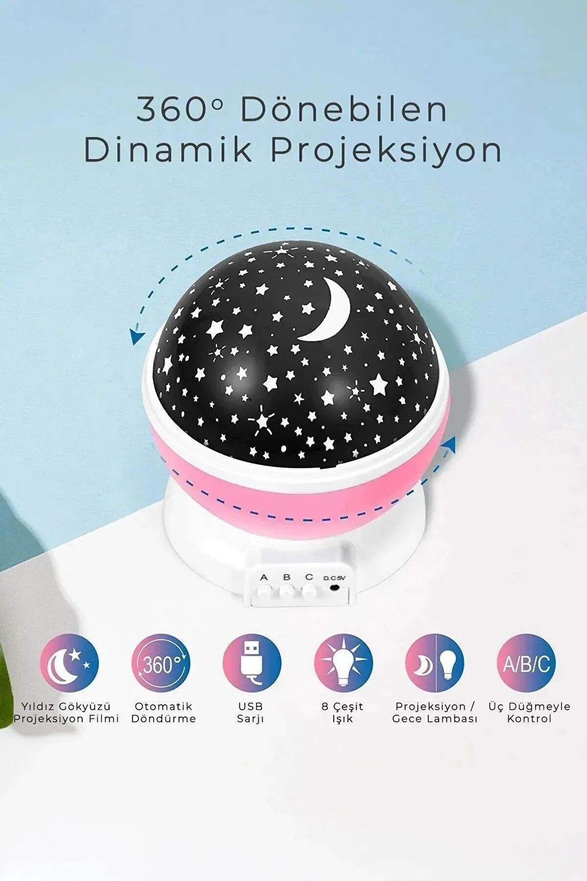 Gece Lambası Tavana Işık Yansıtan Dönen Yıldız Ay Projeksiyon Çocuk ve Genç Odası Lamba Işık Küresi Mor