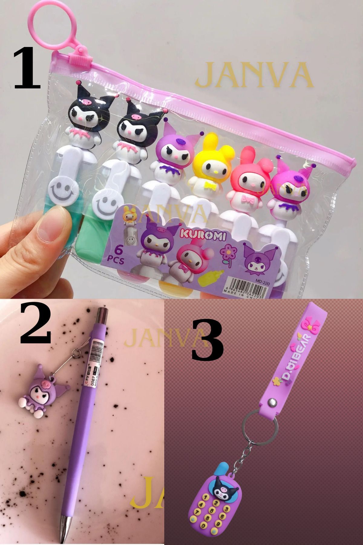 Kuromi Set (1 Paket Fosforlu Kalem + 1 Adet Uçlu Kalem 0,7 1 + 1 adet Maskot Anahtarlık)
