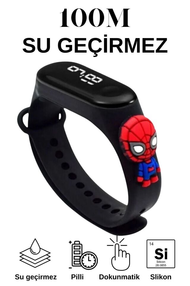 Örümcek Adam Spiderman Figürlü Dijital Led Çocuk Saati Dokunmatik Ekranlı Su Geçirmez (siyah)